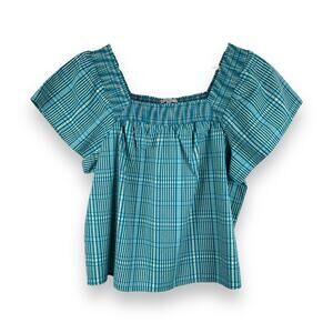 Rails Sonora Check Square Neck Cotton Blend Blouse Top Teal Blue Size XS NWOT